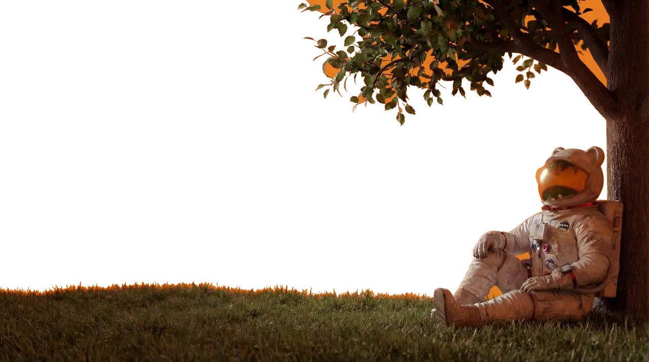 Astronaut figure with tree and grass illustration, Veles brand scene