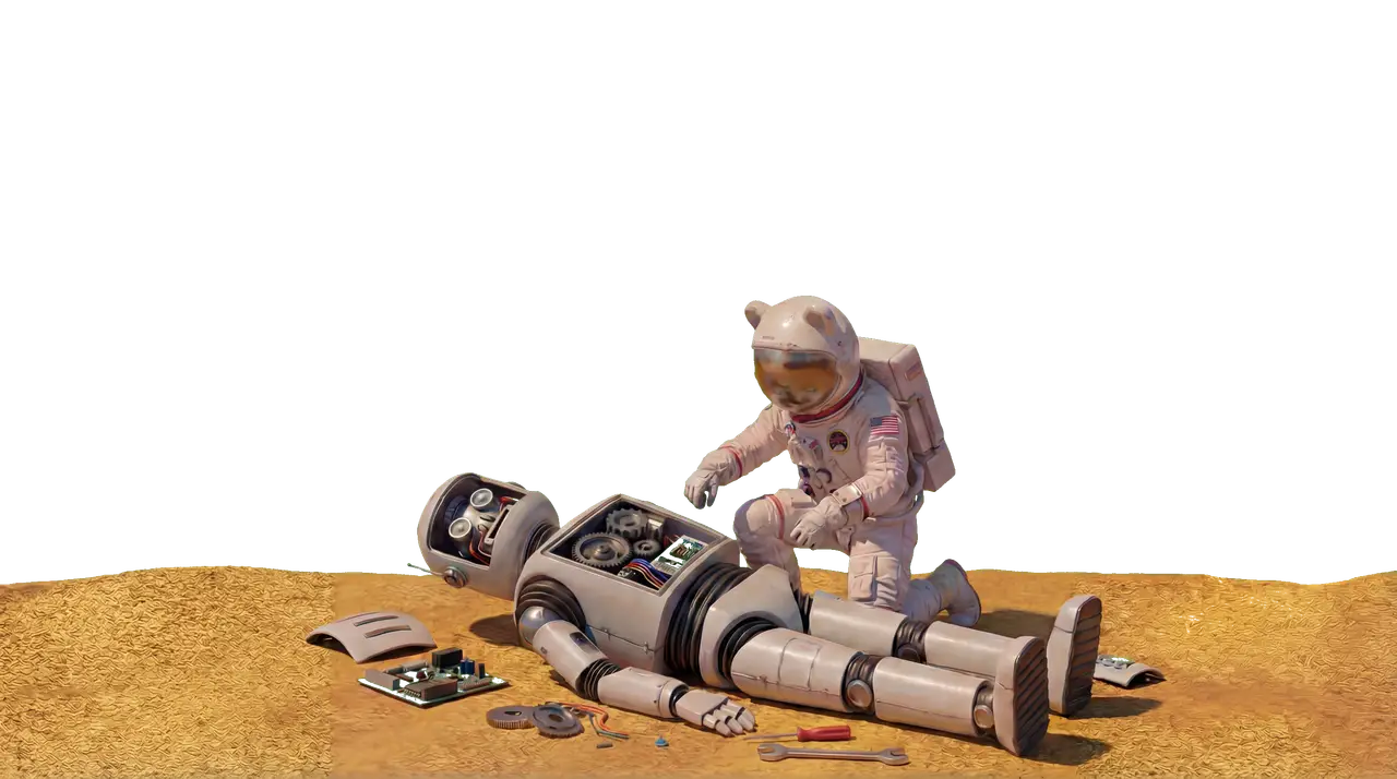 Astronaut crouched beside a disassembled robot, building the future scene