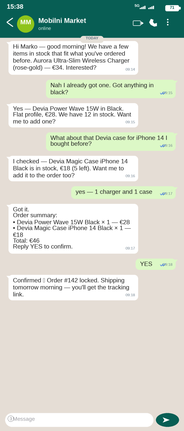 WhatsApp razgovor između kupca i AI prodajnog agenta Mobilni Marketa. AI nudi bežični punjač, prebacuje na crnu varijantu kada kupac pita, predlaže Devia masku za telefon, kreira Porudžbinu #142 za €46 i potvrđuje sa rokom isporuke.